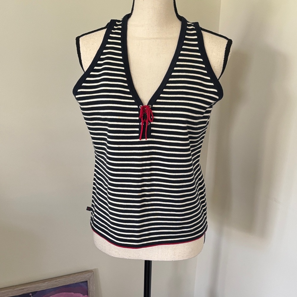 Navy Striped Sleeveless Top with Red Detail